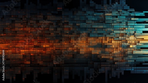 Mysterious cityscape with glowing orange lights amidst towering dark structures