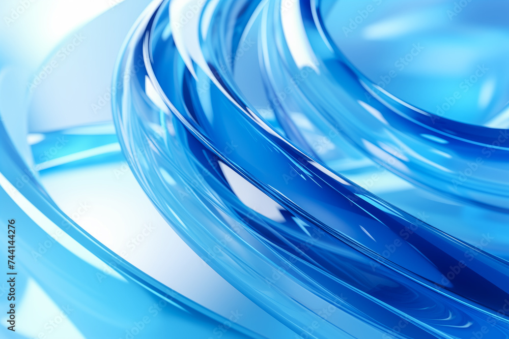 Abstract geometric blue background with glass spiral tubes, flow clear ...