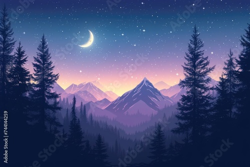 Crescent moon illuminating a fantastic mountain landscape