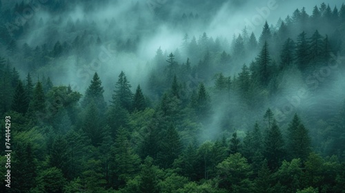 Foggy evergreen forest landscape