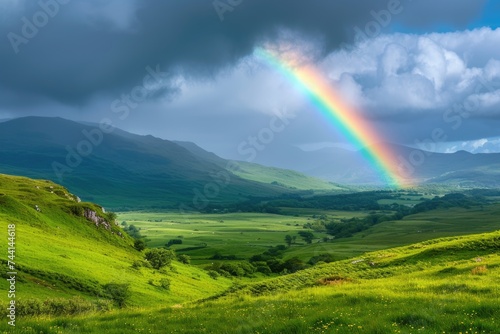 Bright rainbow over green hills