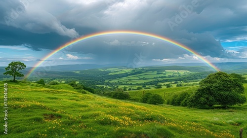 Bright rainbow over green hills © Landscape Planet