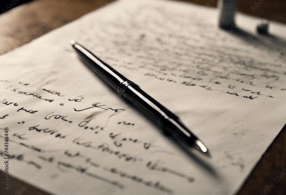 A Close-up View of a Pen Resting on a Blank Piece of Paper Situated on a Wooden Table, Inviting Creativity and Written Expression A Close-up View of a Pen Resting on a Blank Piece of Paper Situated on a Wooden Table, Inviting Creativity and Written Expression