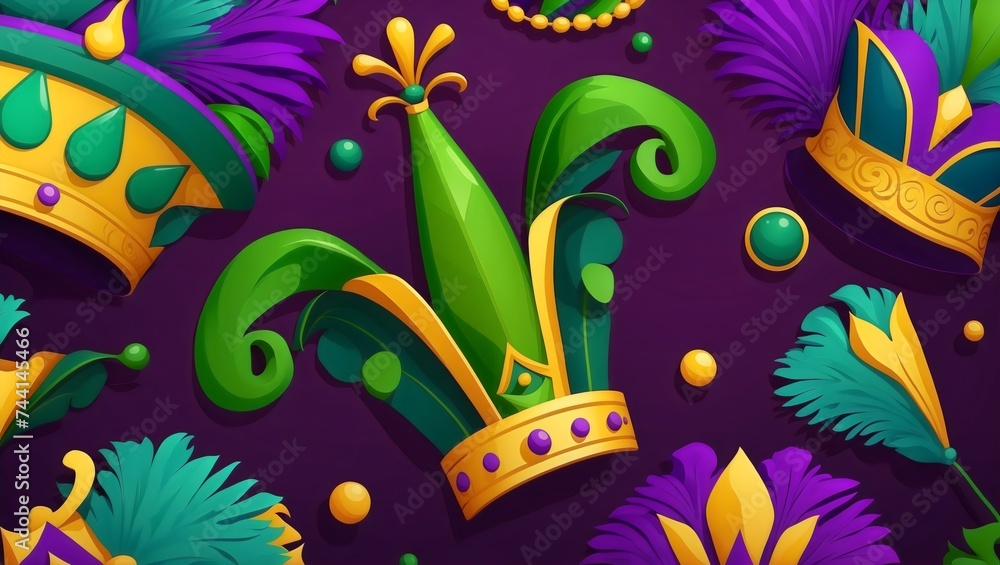 A vibrant Mardi Gras spectacle unfolds, adorned with colorful and shimmering ornaments. Crowns,, beads, and feathers dance against a regal purple backdrop