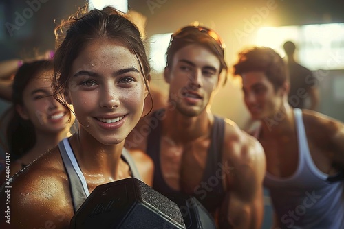 A group of women in brightly colored workout attire stand against a wall, their smiling faces and confident postures reflecting the strength and empowerment found within the walls of the gym photo