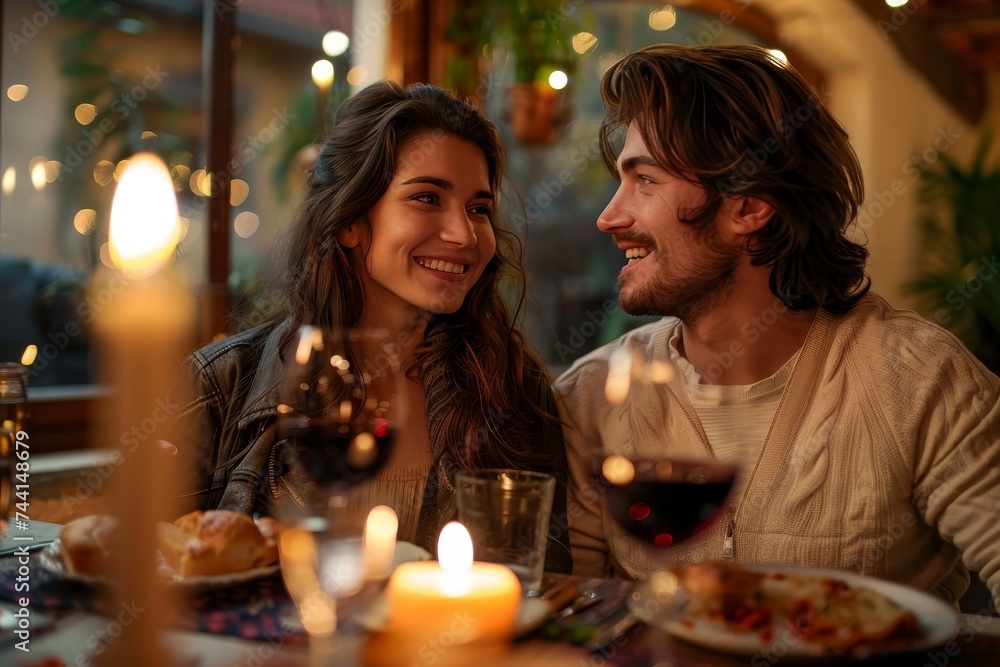 A romantic evening captured in one frame - a smiling man and woman, dressed elegantly, sit at a candle-lit table adorned with tableware and wine glasses, enjoying each other's company over a deliciou A romantic evening captured in one frame - a smiling man and woman, dressed elegantly, sit at a candle-lit table adorned with tableware and wine glasses, enjoying each other's company over a deliciou