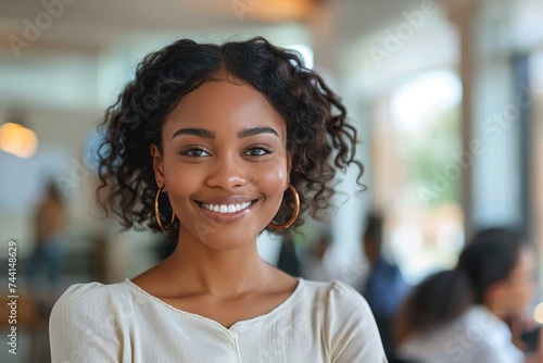 A radiant young woman, donning a stylish dress and fashion accessory, beams at the camera with a captivating smile, showcasing her makeover and highlighting her elegant features