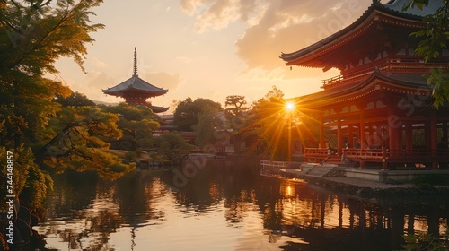 Serene sunset at a traditional japanese temple by a calm pond. peaceful  cultural  and scenic landscape. ideal for travel and meditation. AI
