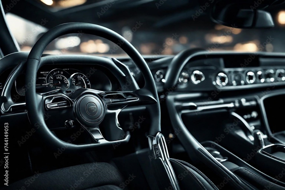 Close-up view, Car's Adjustable steering column background is blurred, 8k. 