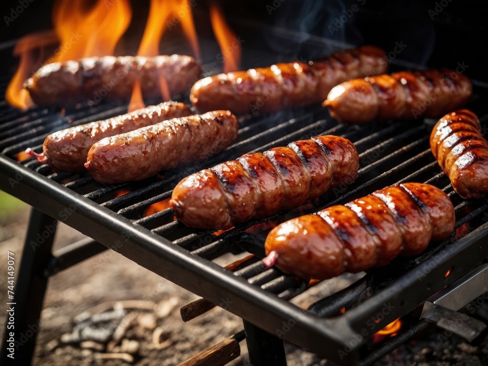 BBQ with fiery sausages on the grill outdoor picnic. Sizzling sausages at outdoor BBQ