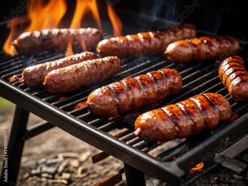 BBQ with fiery sausages on the grill outdoor picnic. Sizzling sausages at outdoor BBQ