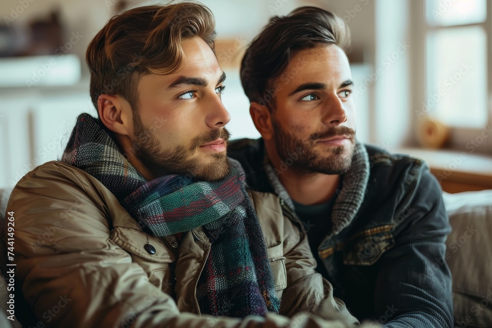 Two men exchange a silent moment, their facial hair and clothing mirroring the warmth of the indoor wall behind them