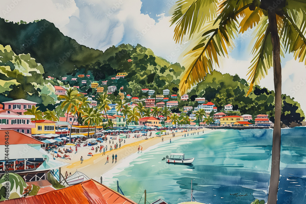 Tropical Seaside Village, Vibrant Watercolor Landscape
