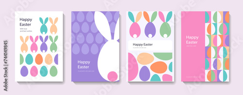 Set of Happy Easter cards in modern minimalistic style with geometric shapes, eggs. Trendy editable vector template for greeting card, poster, banner, invitation, social media post.	