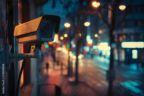 Surveillance camera and night street in blurred background photo