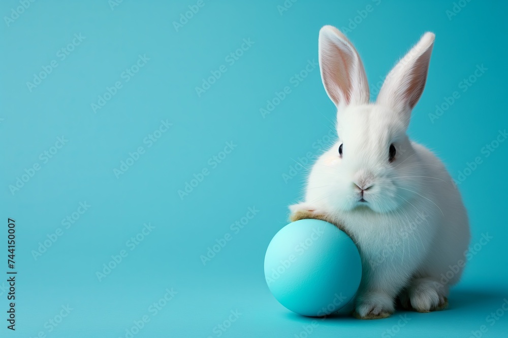 Easter bunny white rabbit with blue painted egg on blue background. Easter holiday concept Easter bunny white rabbit with blue painted egg on blue background. Easter holiday concept