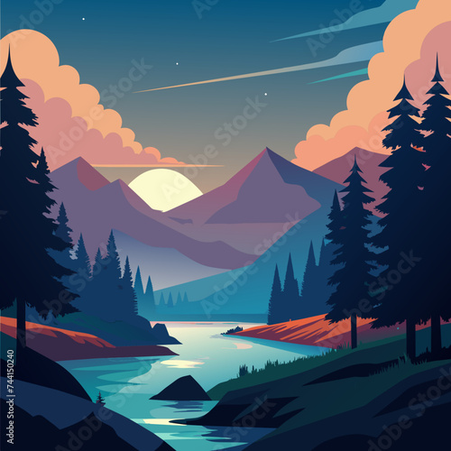 A dreamy landscape capturing the serenity of a tranquil forest. vektor illustation
