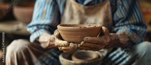 Artisan creating pottery on loom with intricate design