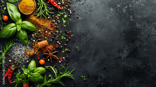 A black isolated background showcases an array of scattered spices photo
