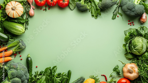 Frame of vegetables on a light green background, healthy nutrition concept