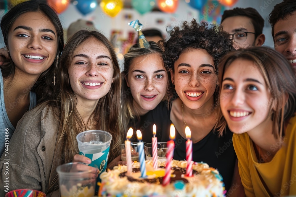 A jubilant group captures the joy of celebration as they gather around a beautifully decorated birthday cake, adorned with flickering candles and smiling faces, creating a timeless memory in the warm A jubilant group captures the joy of celebration as they gather around a beautifully decorated birthday cake, adorned with flickering candles and smiling faces, creating a timeless memory in the warm