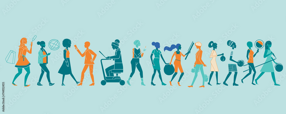 Set of women figures on blue background. Flat, monochrome and simple design. Use for International Woman's Day, promotion, decoration and print