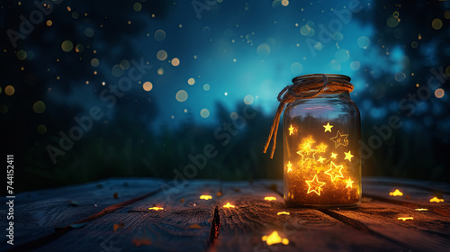 Moon and stars in a glass jar, fulfillment of lunar wishes, night background