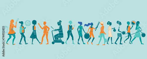 Set of women figures on blue background. Flat, monochrome and simple design. Use for International Woman's Day, promotion, decoration and print