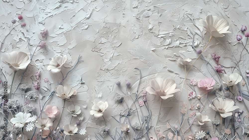 Fototapeta premium oil painting depicting a wildflower field with a very thick impasto background on a white canvas, the impasto technique to create texture, while using muted calm colors.