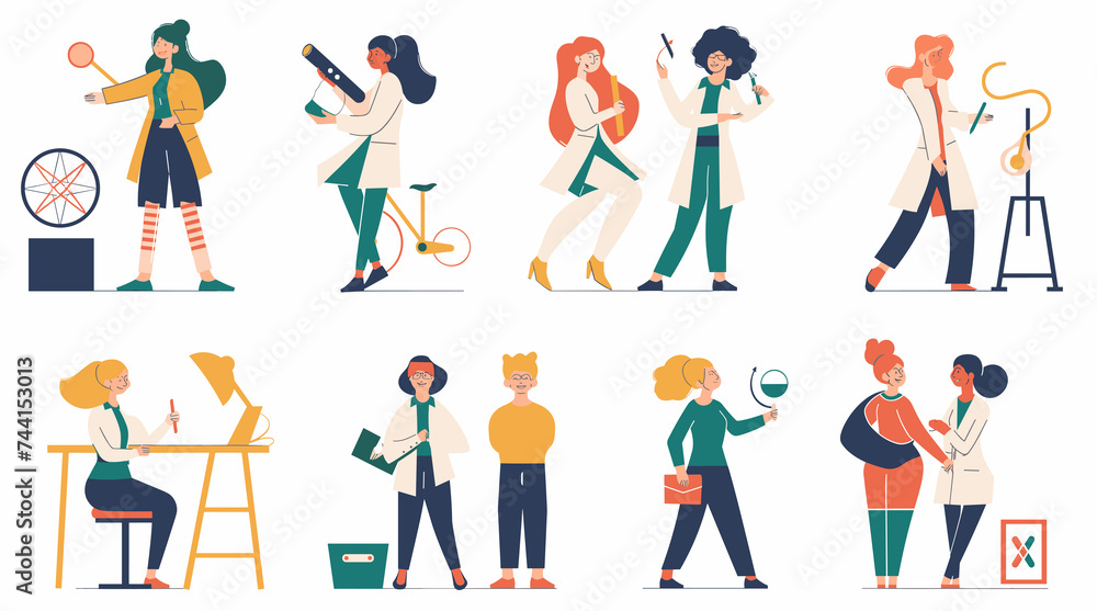 Set of women working in different work fields on white background. International Woman's day illustration in simple design and pastel colors Use for promotion, decoration, print and card content. 