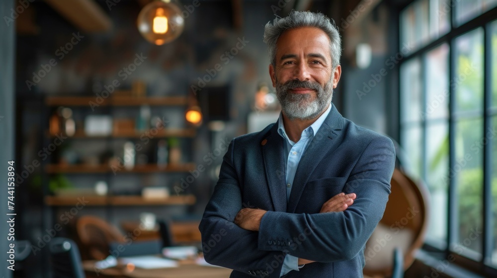 Fototapeta premium A man with a beard and suit standing in a restaurant. Generative AI.