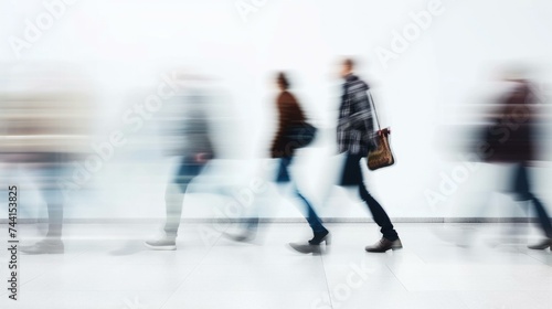 People walking in a line in a white room. Generative AI.