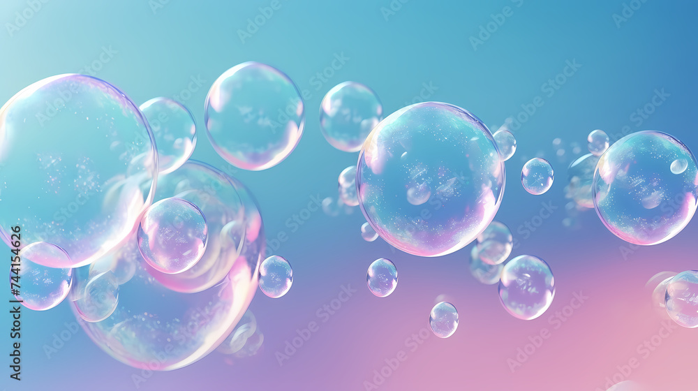 Beautiful floating soap bubbles on natural abstract multicolor background