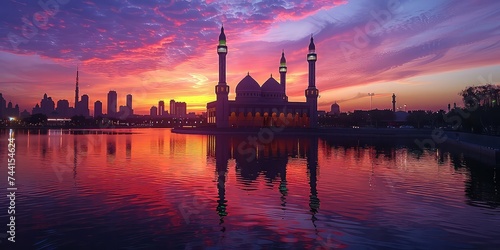 Ramadan Sunset Serenity over a Cityscape - Tranquil Hues and Reflection - Warm Evening Glow - Capturing the peaceful beauty as the sun sets during Ramadan