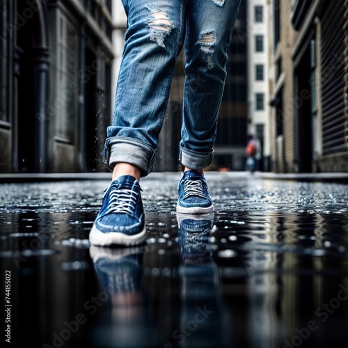 young man in blue jeans and sneakers walks in the rain, down town at the background.
