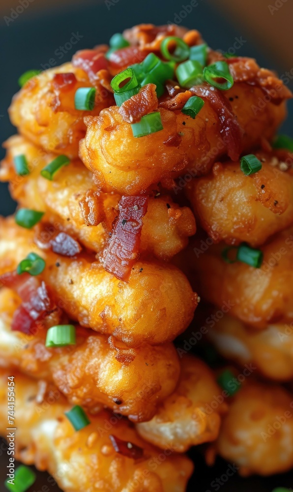 A stack of fried food with bacon and green onions. Generative AI. A stack of fried food with bacon and green onions. Generative AI.