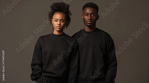 black male and female models standing side by side, black sweatshirts confident poses and stylish attire, the versatility and appeal of black clothing.
