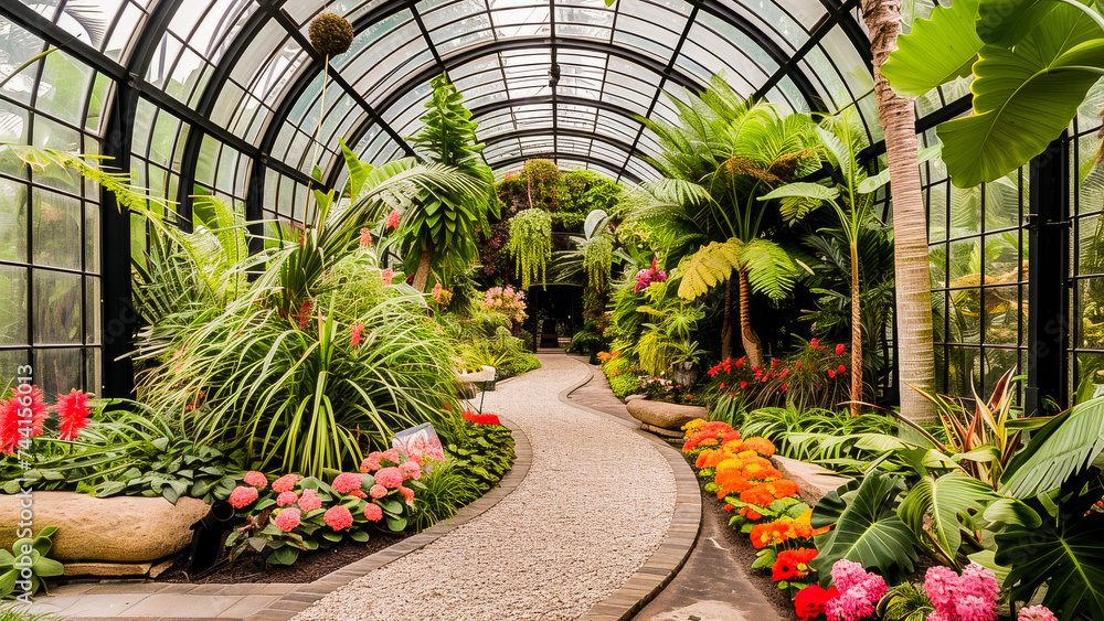 A vibrant indoor botanical garden with a winding pathway surrounded by lush tropical plants and colorful flowers.