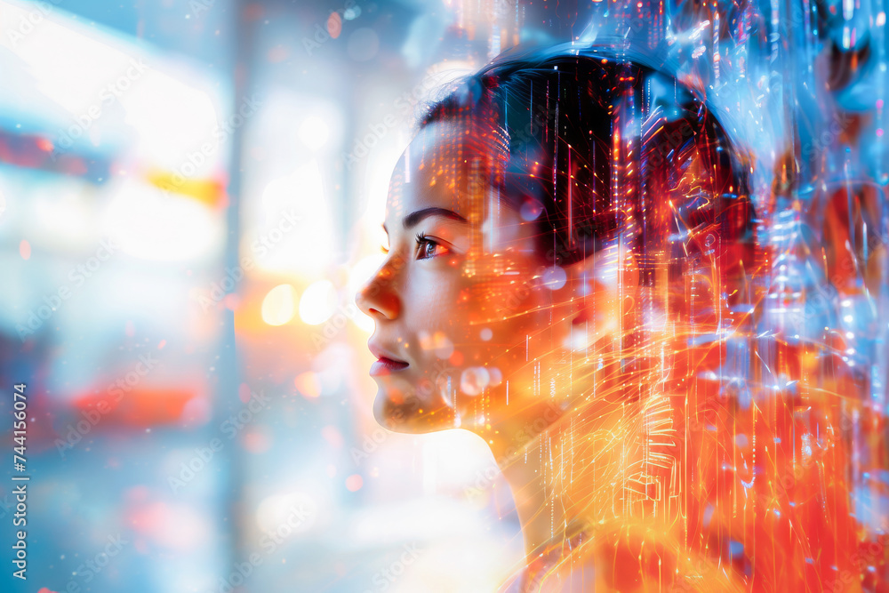 © apratim - A young woman with a futuristic digital overlay looks thoughtfully into the distance, representing innovation and technology.