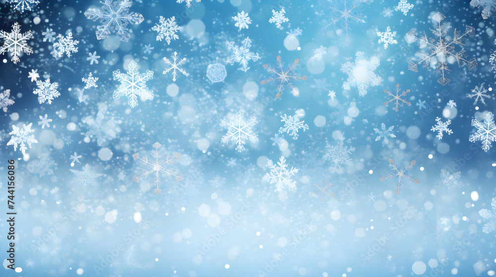 blue christmas background,
Christmas illustration winter background with snowflakes and bokeh lights with blank space 