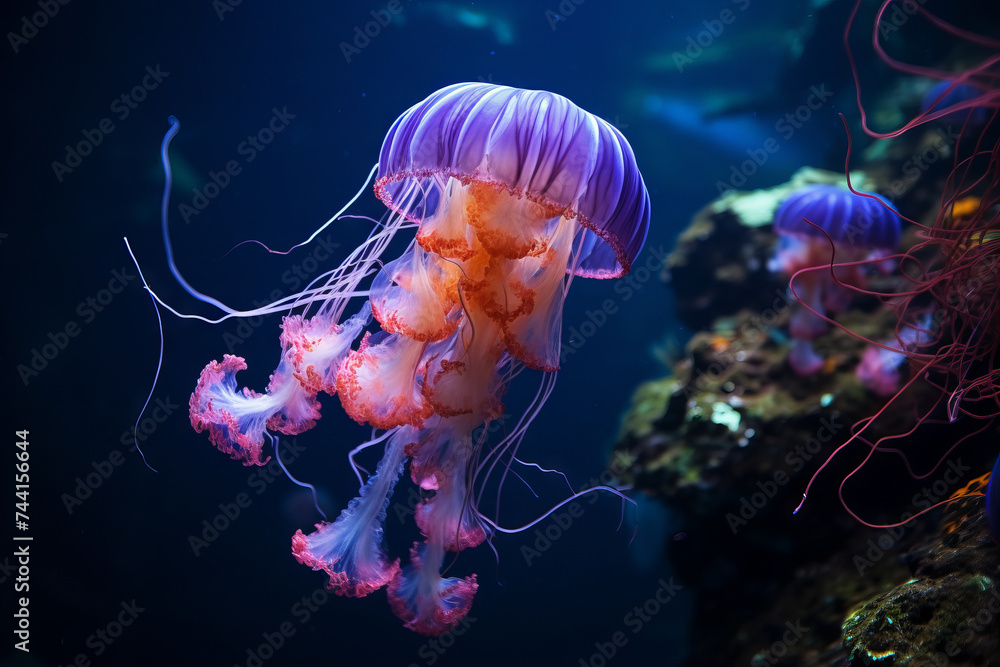 Group of Atlantic sea nettle jellyfish swimming in aquarium with blue neon light. Generative Ai Group of Atlantic sea nettle jellyfish swimming in aquarium with blue neon light. Generative Ai