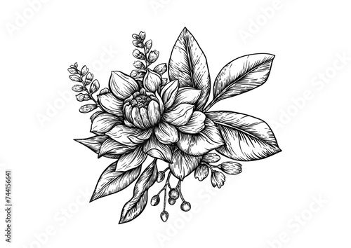 Boutonniere of wild rose flowers and berries Clip art, set of elements for design Graphic drawing, engraving style. Vector illustration. In botanical style