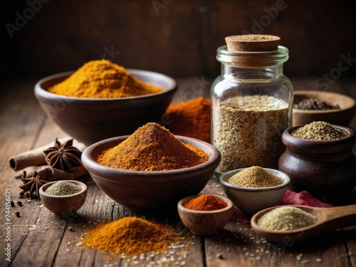 Close-up variety of spices, dust or grain in bottle and in bowl, culinary ingredients on wooden table. Assorted spices and grains on wood
