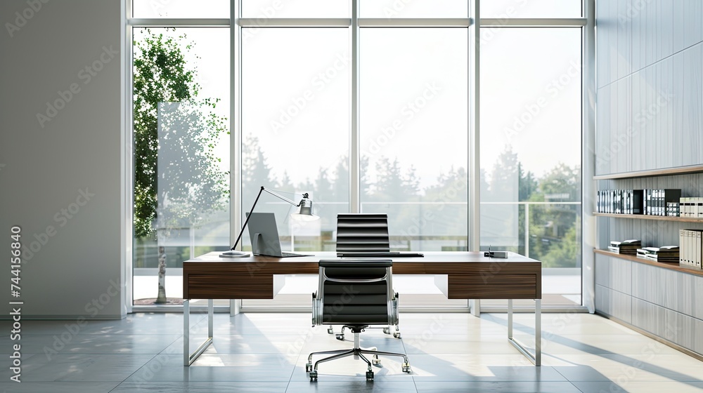 Fototapeta premium a modern office interior featuring a sleek work desk positioned near a window, the workspace, creating an atmosphere conducive to productivity and focus.
