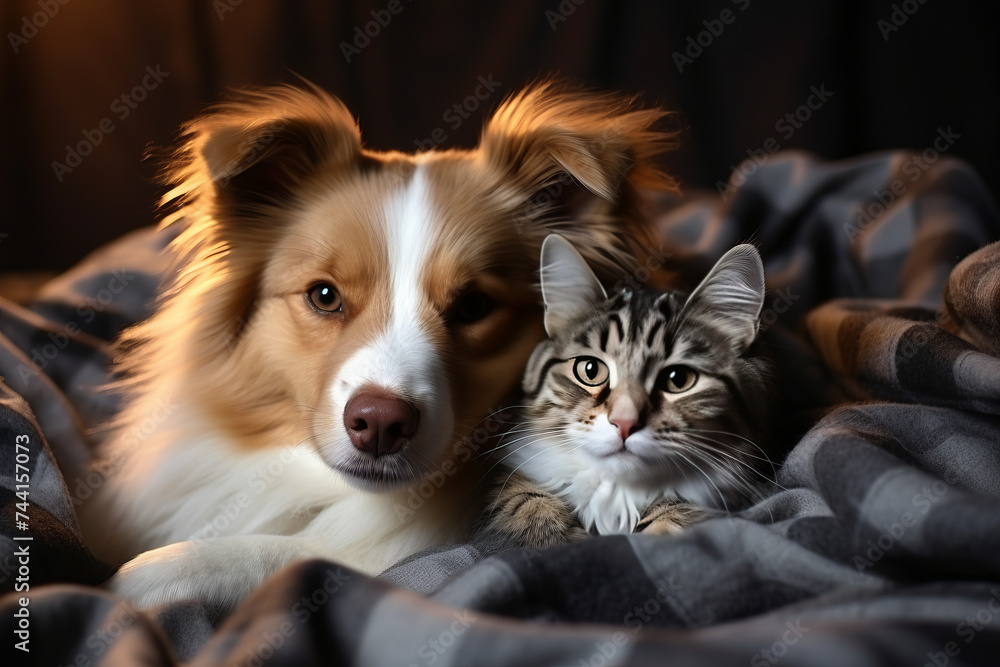 Cat and dog lying together on knitted blanket. Generative Ai