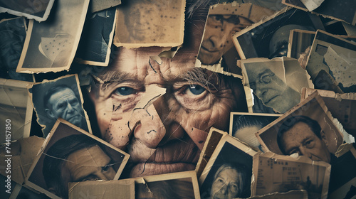 Collage of aged photos creating a face, ideal for projects on memory, history, or psychological themes. photo