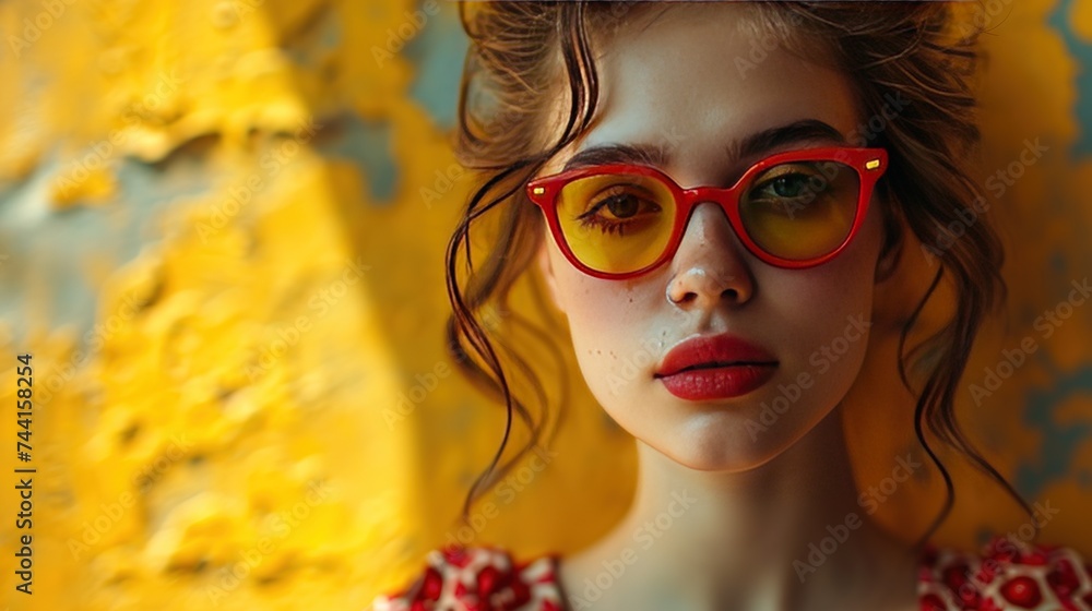 beautiful young woman in red and yellow sunglasses, professional photo in studio beautiful young woman in red and yellow sunglasses, professional photo in studio
