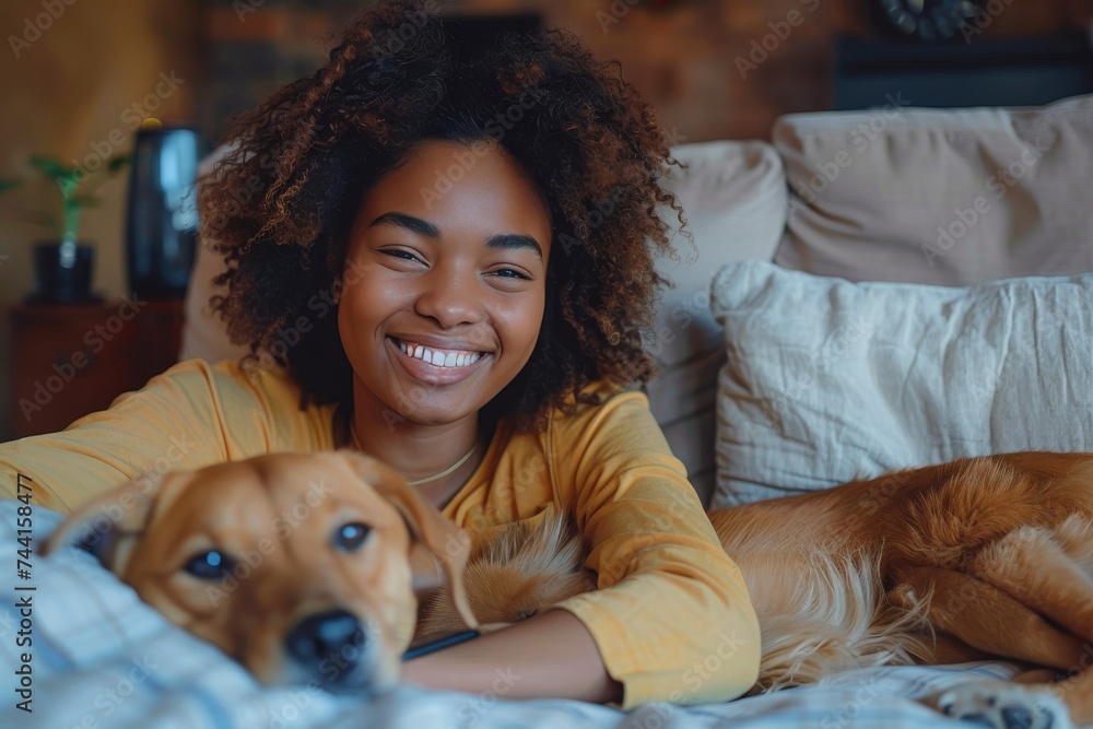 A content woman lounges on a cozy couch with her beloved dog, their smiling faces mirroring each other in pure bliss A content woman lounges on a cozy couch with her beloved dog, their smiling faces mirroring each other in pure bliss
