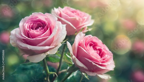 blurred background with three pink roses