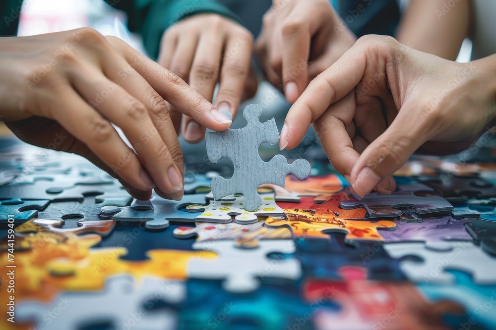 Collective effort brings together diverse individuals, each with their own unique skill set, to complete a challenging tabletop jigsaw puzzle Collective effort brings together diverse individuals, each with their own unique skill set, to complete a challenging tabletop jigsaw puzzle